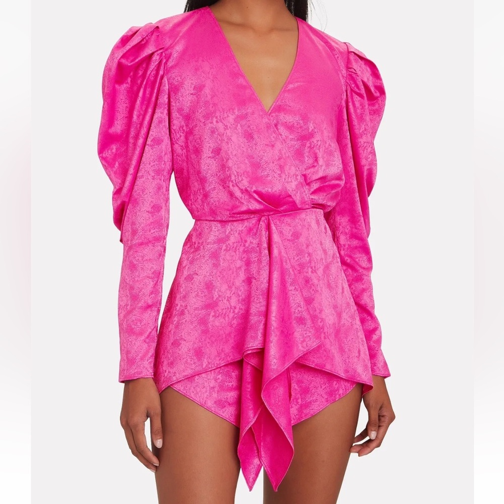 $240 Saylor Hot Pink Michele Satin Romper Front Tie Formal Puff Sleeve